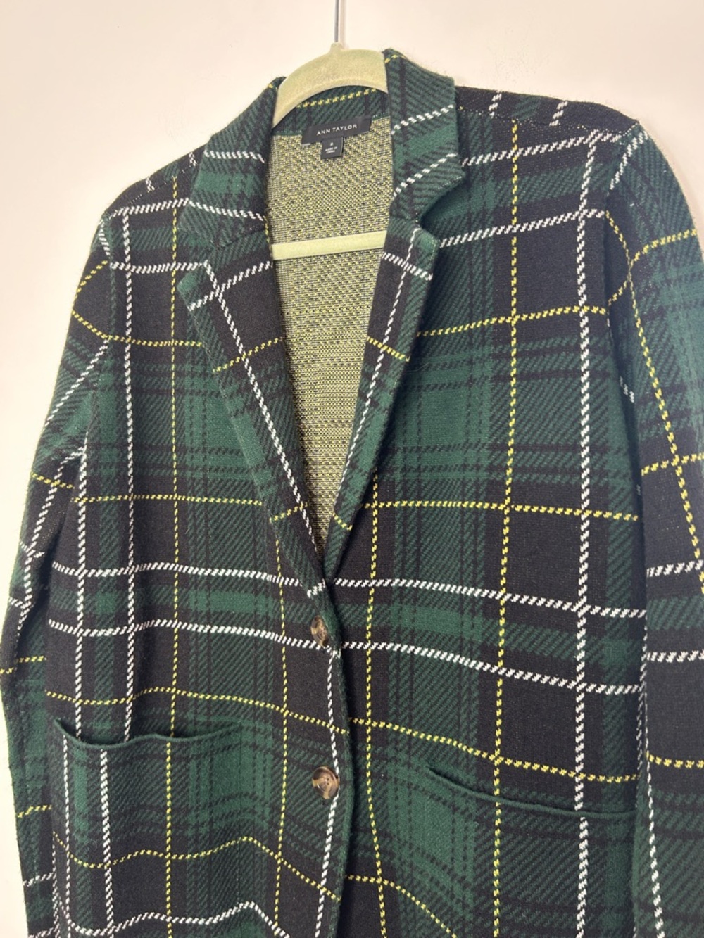 Ann Taylor Green Plaid Sweater Blazer Size Medium - Picture 3 of 6